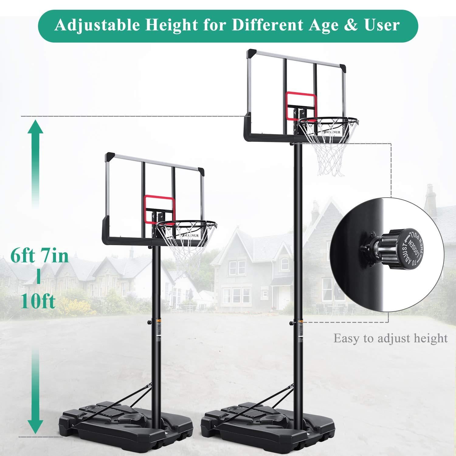 MARNUR Basketball Hoop Outdoor Basketball Goal Portable Basketball System Set with Height Adjustable 6ft 7in-10ft with 44 Inch Backboard &amp; Wheels for Family Indoor