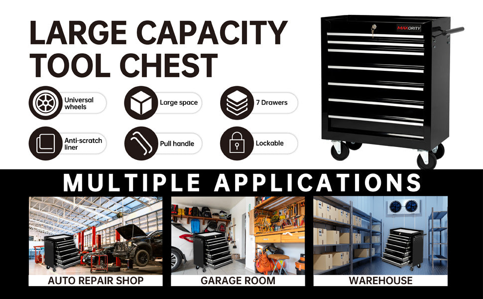 7-Drawer Heavy-Duty Rolling Tool Chest Cabinet with Lock Mobile Cart for Gara& Workshop, Black