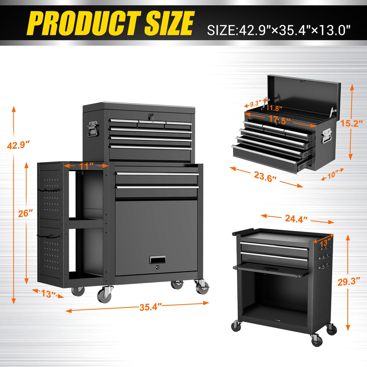 8 Drawer Tool Chest with Wheels, Exclusive 3-In-1 Tool Box Combo with Removable 4-Tire Utility Cart, LocMechanic Tool Cart with Liner for Warehouse, Workshop, 35”W x 13”D x 43”H -2026 Upgrade