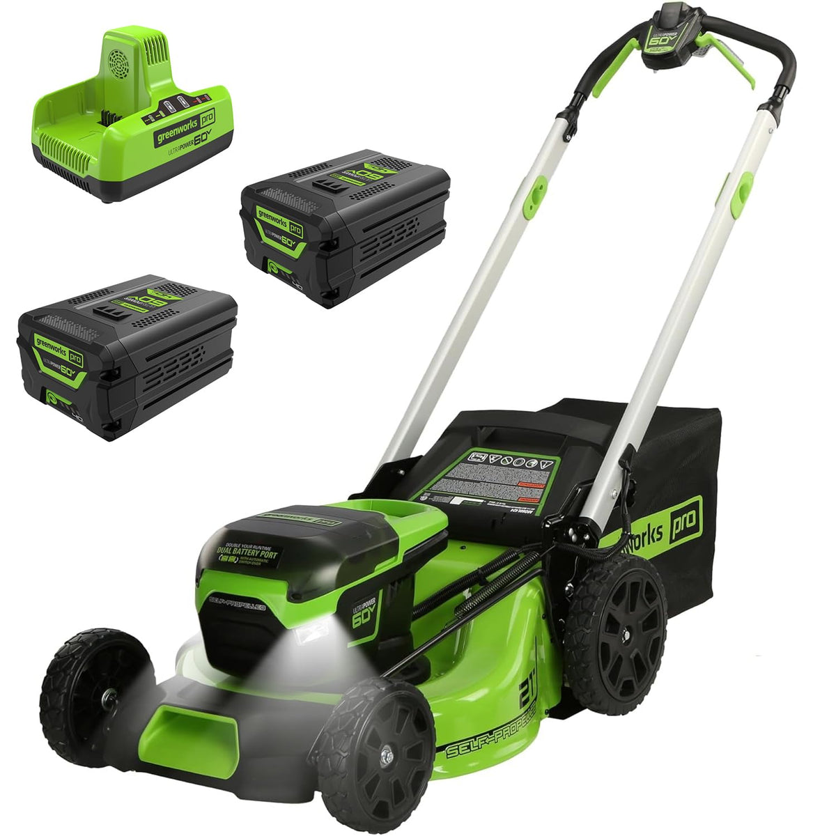60V 21" Brushless (Self-Propelled) Cordless Lawn Mower, 2 x 4.0Ah Batteries (3/4 Acre, Rapid Charger, 4-in-1, LED Lights, IPX4)