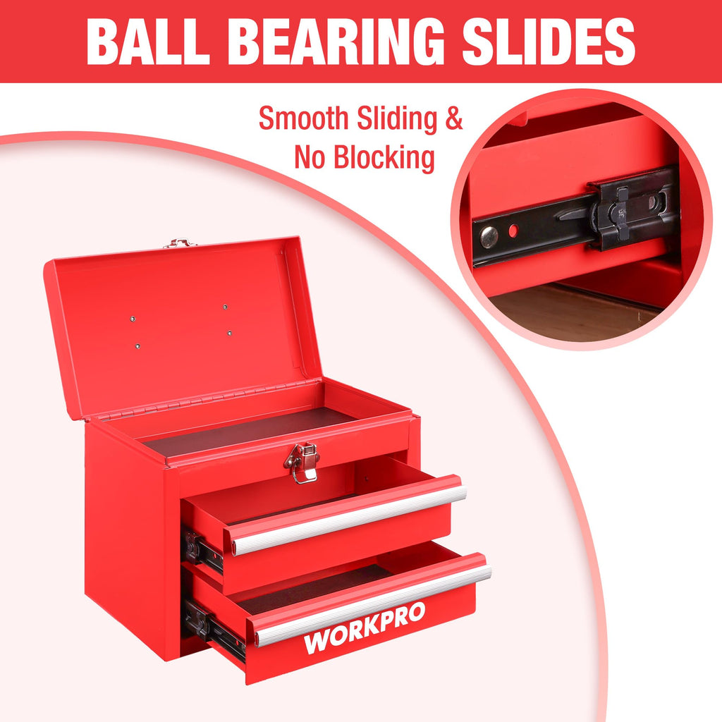 Portable Mini Metal Tool Box with 2 Drawers | Metal Tool Chest, Ball Bearing Slides, Top Storage, Latch Handle, PVC Drawer Liners, PP Feet Pads