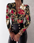 scarf chain print long sleeve wrap top