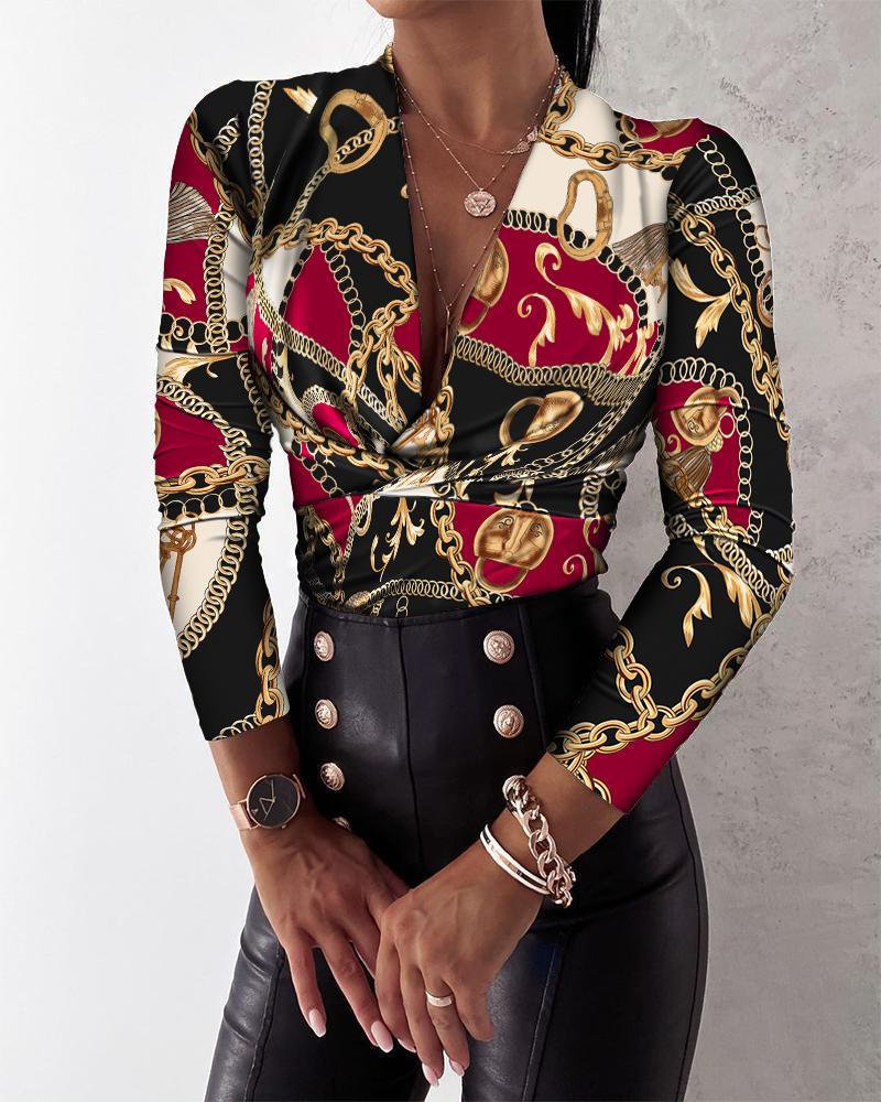 scarf chain print long sleeve wrap top