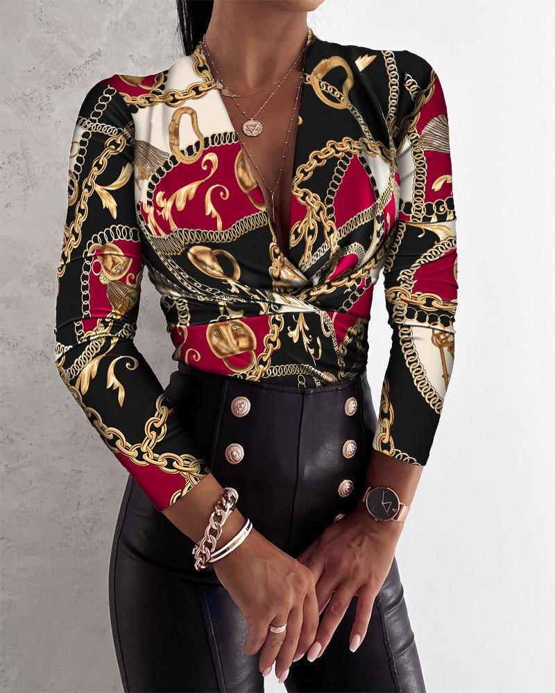 scarf chain print long sleeve wrap top