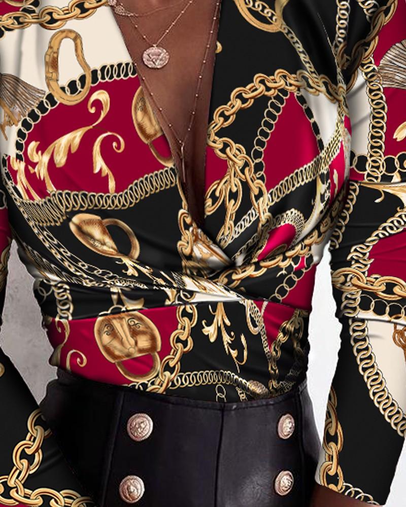 scarf chain print long sleeve wrap top
