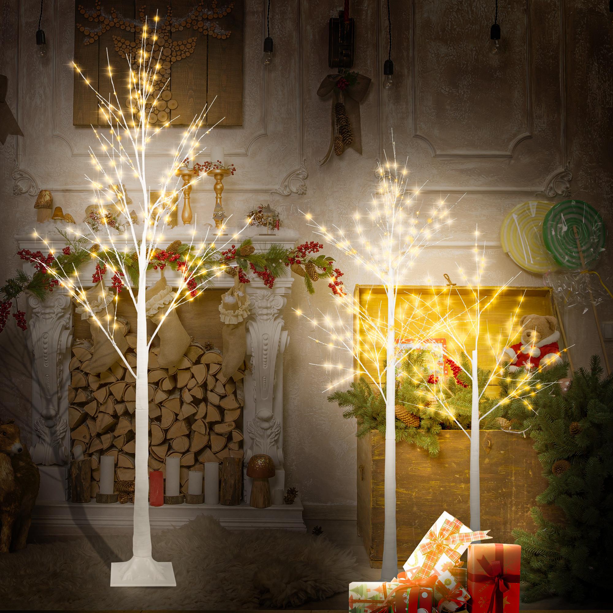 4ft, 5ft and 6ft Birch Tree, Set of 3, SYNGAR Birch Tree with Warm White LED Lights, for Christmas Decoration, Fits for Indoor Outdoor Garden Party Wedding, Lighted Christmas Tree for Home, D4006