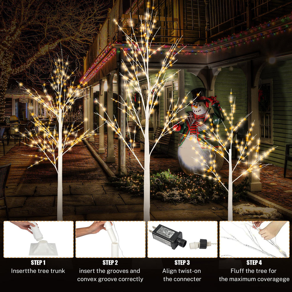 4ft, 5ft and 6ft Birch Tree, Set of 3, SYNGAR Birch Tree with Warm White LED Lights, for Christmas Decoration, Fits for Indoor Outdoor Garden Party Wedding, Lighted Christmas Tree for Home, D4006