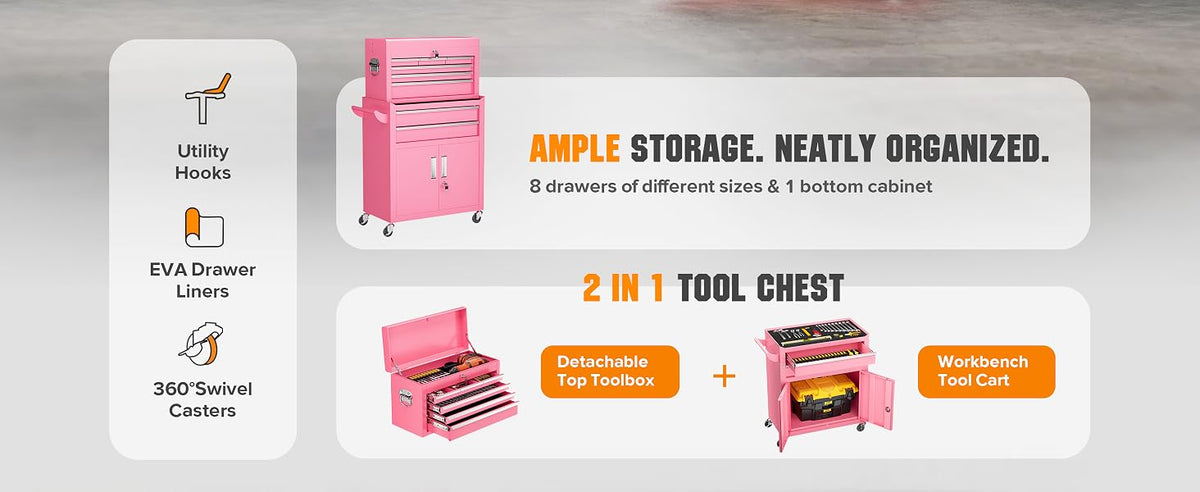 Heavy-Duty 8-Drawer Rolling Tool Chest & Cabinet Combo with Black Liner – Lockable Steel GaraTool Box on Wheels – Detachable Top Toolbox & Bottom StoraCart with Side Hooks, Pink