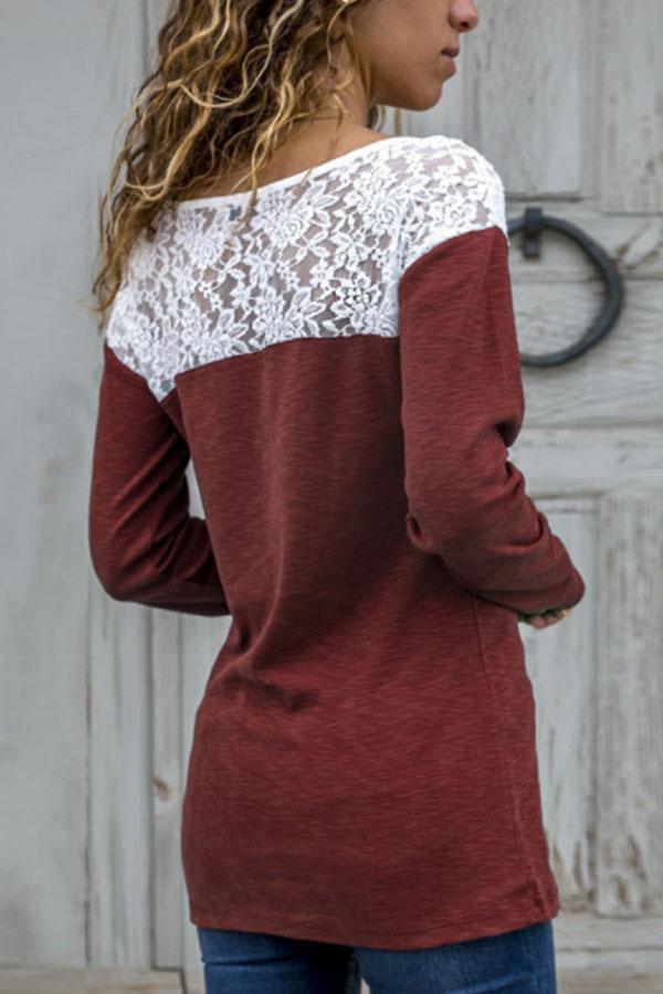 Women's clothing - Round Neck Lace Patchwork T-Shirts