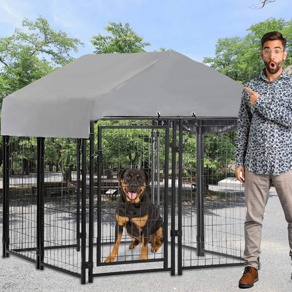 Welded Wire Dog Kennel Dog Crates CaLarMetal Heavy Duty Outdoor Indoor Pet Playpen with a Roof and Water-Resistant Cover Dog Enclosure for LarDog