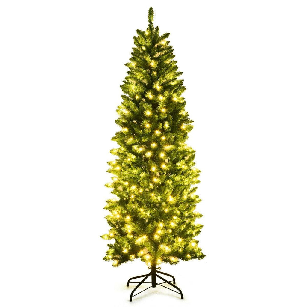 5Ft/6Ft/7Ft Pre-lit Artificial Pencil Christmas Tree Hinged Fir PVC Tree /150/250/350 LED Lights