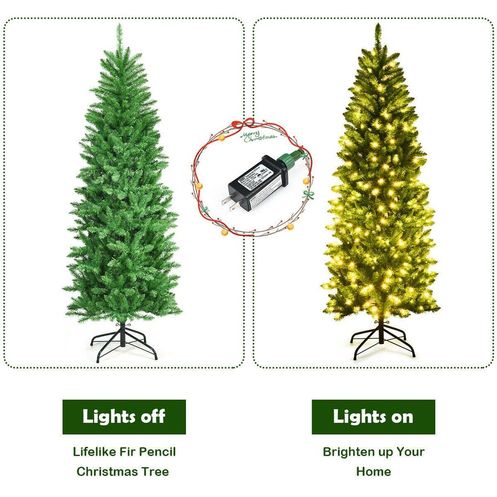 5Ft/6Ft/7Ft Pre-lit Artificial Pencil Christmas Tree Hinged Fir PVC Tree /150/250/350 LED Lights