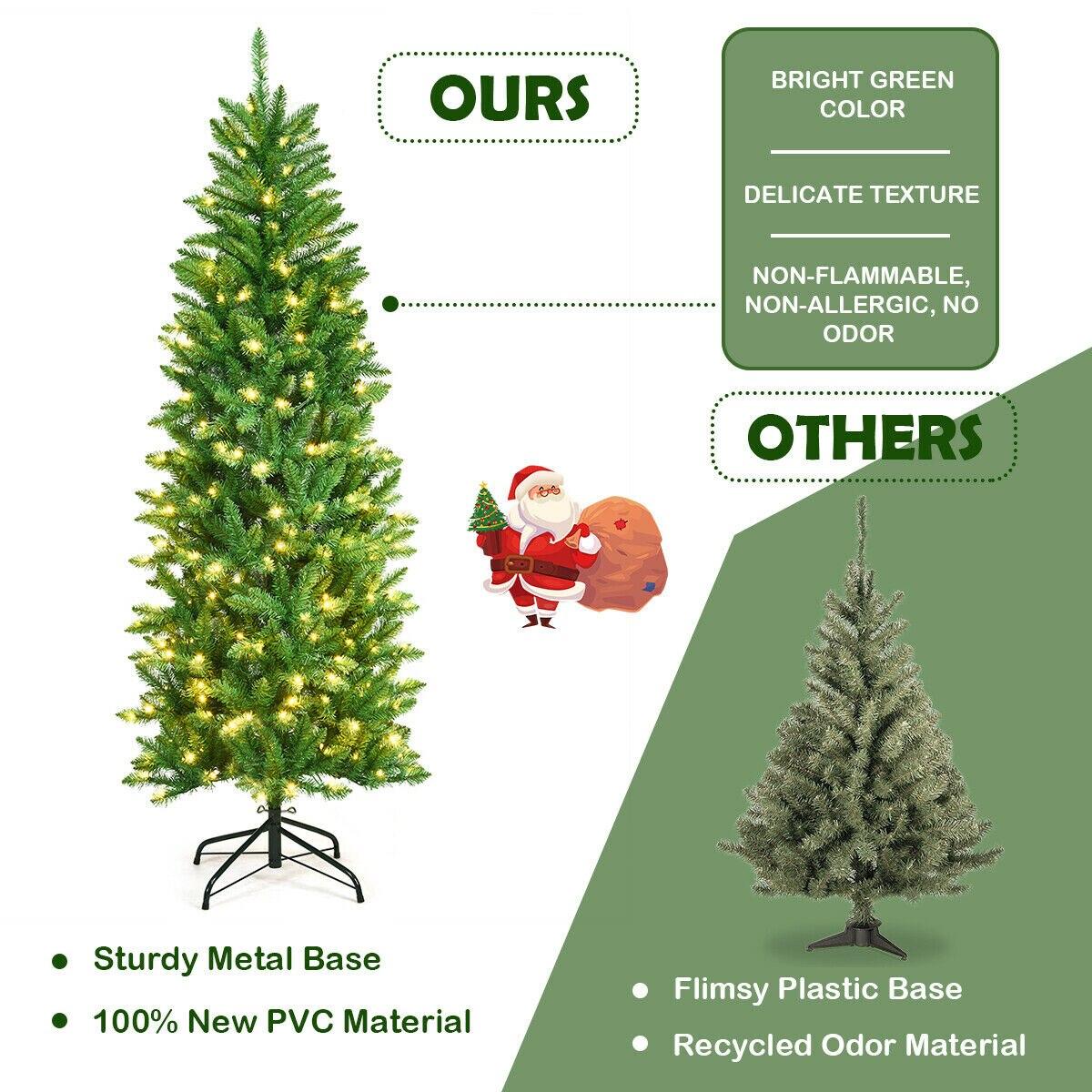 5Ft/6Ft/7Ft Pre-lit Artificial Pencil Christmas Tree Hinged Fir PVC Tree /150/250/350 LED Lights
