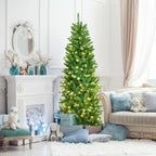 5Ft/6Ft/7Ft Pre-lit Artificial Pencil Christmas Tree Hinged Fir PVC Tree /150/250/350 LED Lights