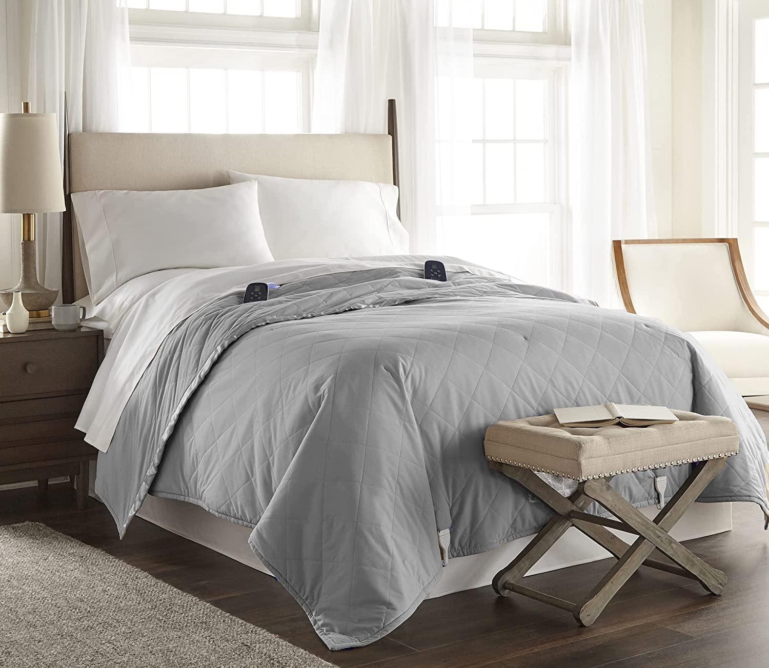 Thermee Micro Flannel King-Size Electric Heated Blanket, Machine Wash &amp; Dry, Timer &amp; Safety Shutoff, 108Lx90W, Slate Grey