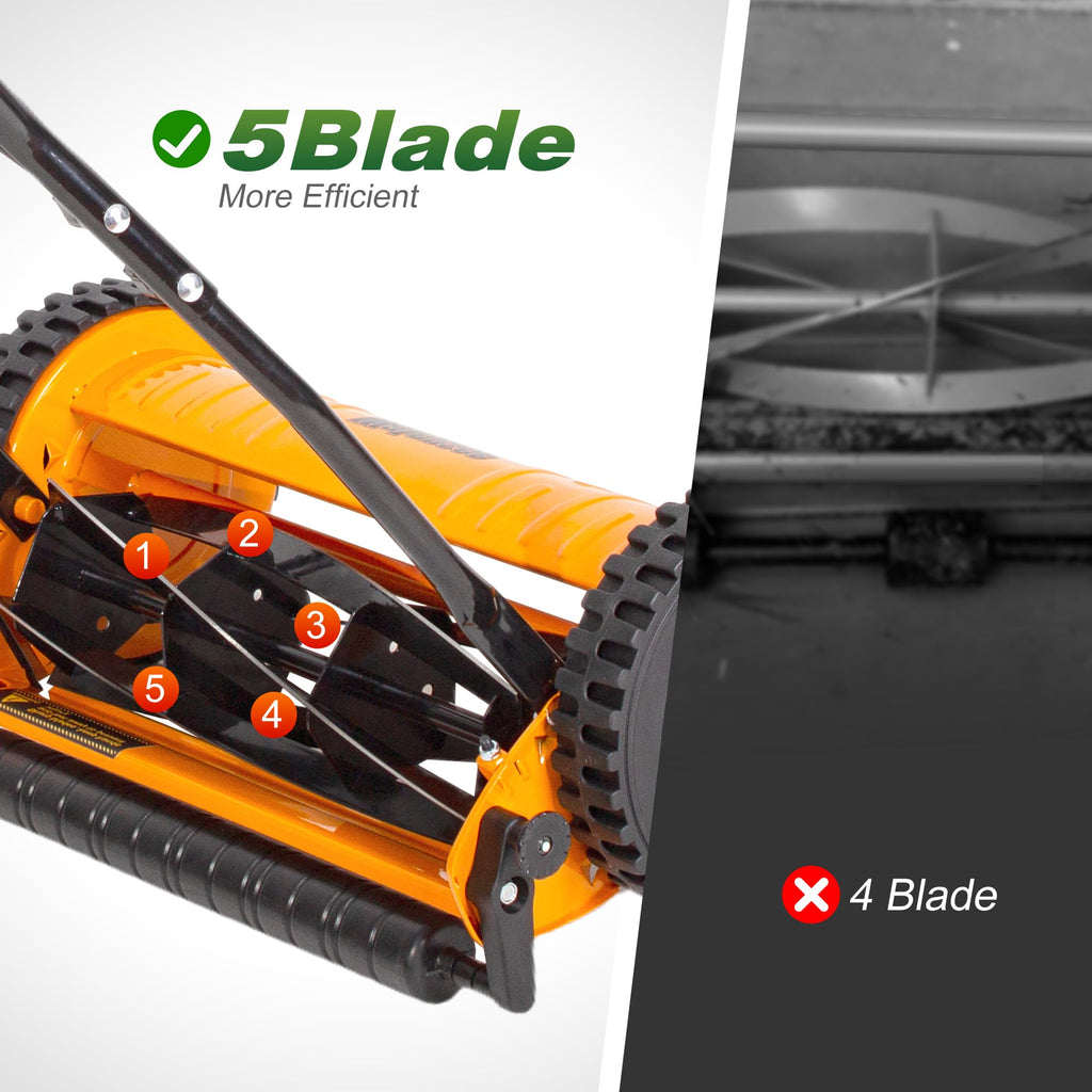 Push Reel Lawn Mower, 16-Inch 5-Blade Cordless Manual Reel Lawn Mower, Walk-Behind Steel Lawn Mower with 4-Position Cutting Height Adjustment &amp; SponGrip