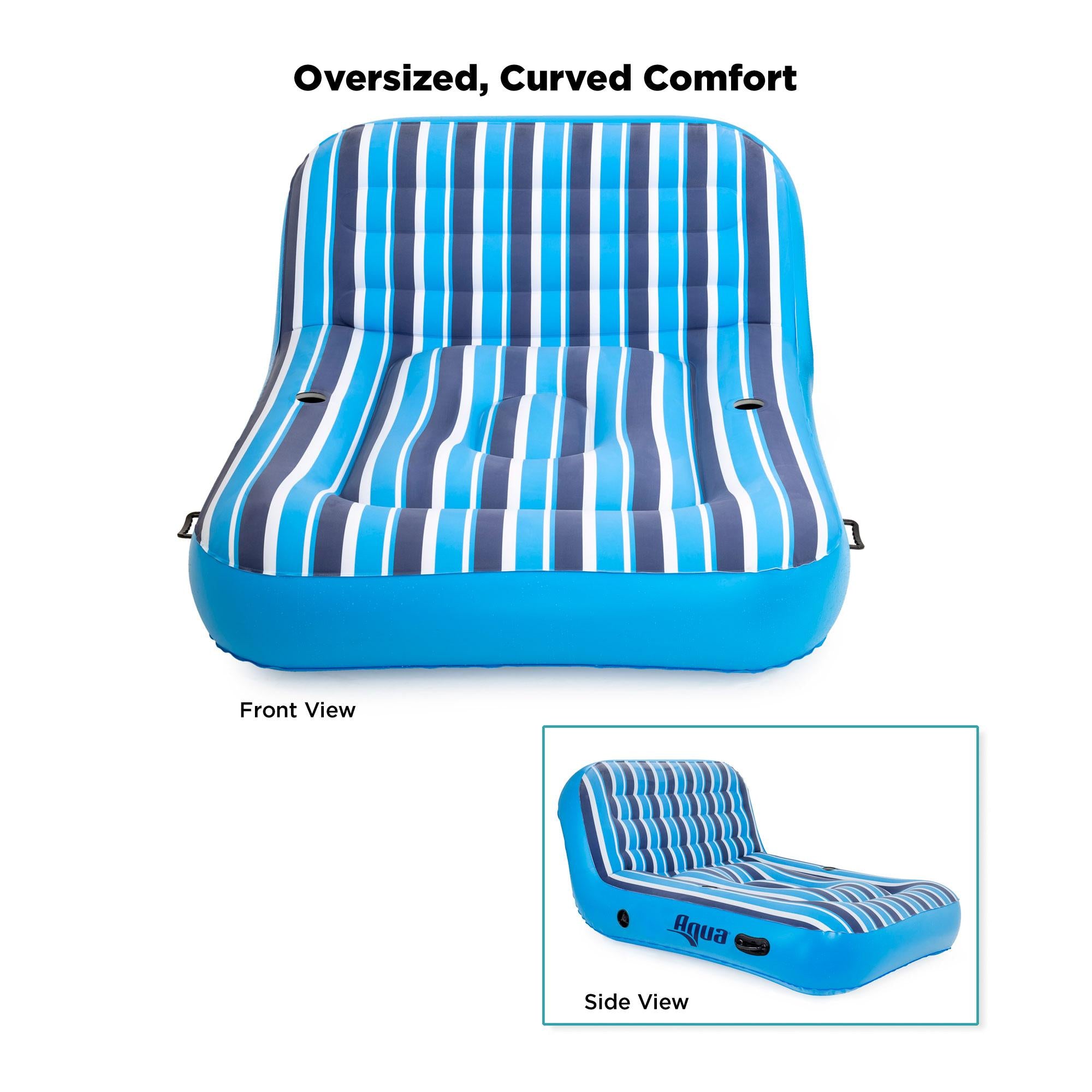 Aqua Ultra Cushioned Comfort Lounge Inflatable Swimming Pool Float with Pillow &amp; 2 Person Pool Float Recliner Lounger Set, Blue