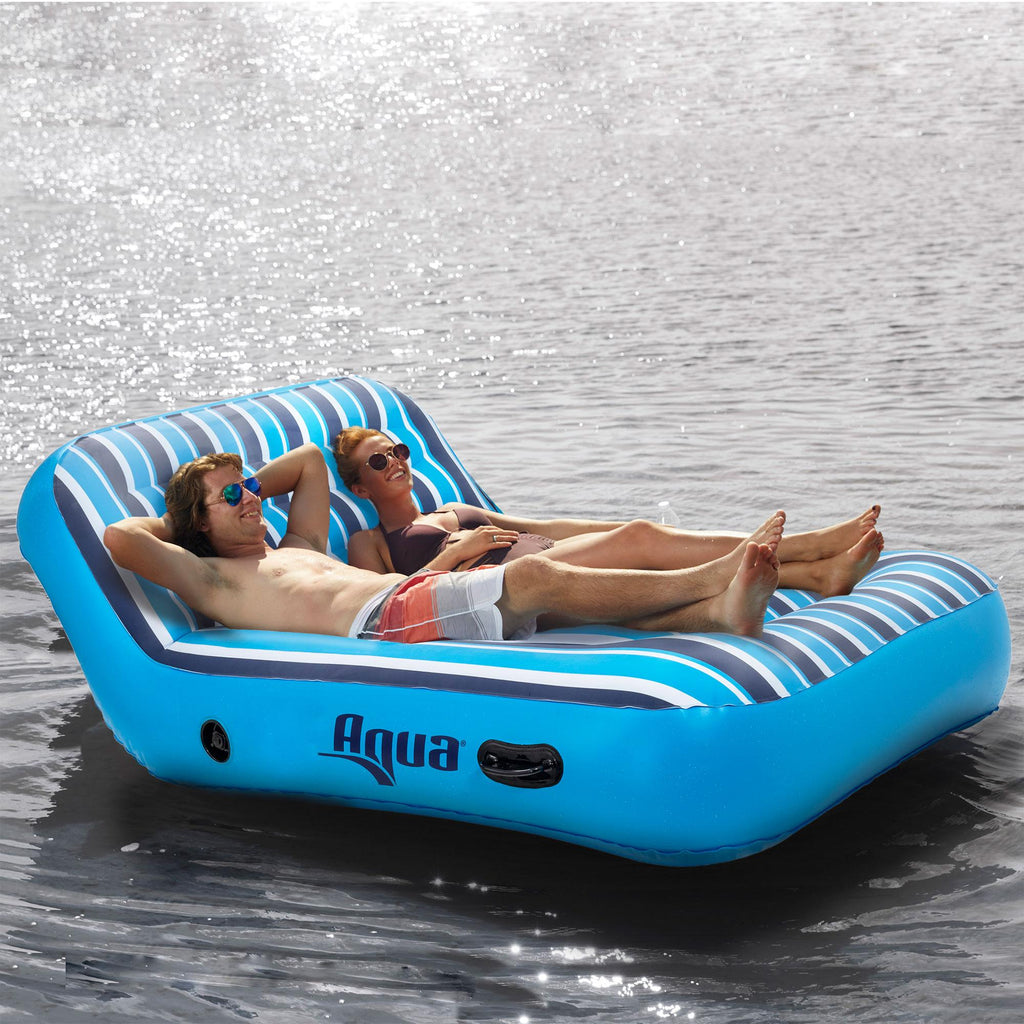 Aqua Leisure Aqua Inflatable 2 Person Pool Float Recliner Lounger Raft with Heavy Duty Dual Action Hand Pump with 4 Nozzle Adapters