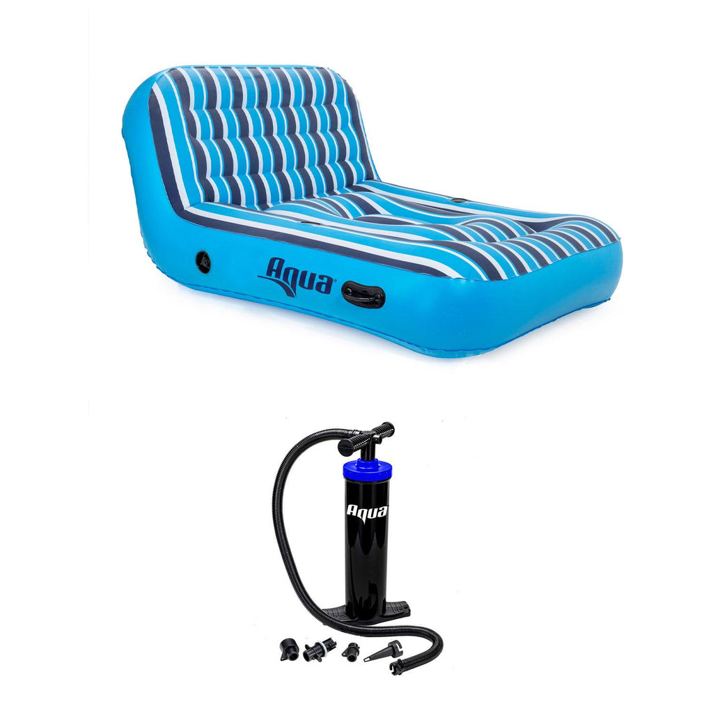 Aqua Leisure Aqua Inflatable 2 Person Pool Float Recliner Lounger Raft with Heavy Duty Dual Action Hand Pump with 4 Nozzle Adapters