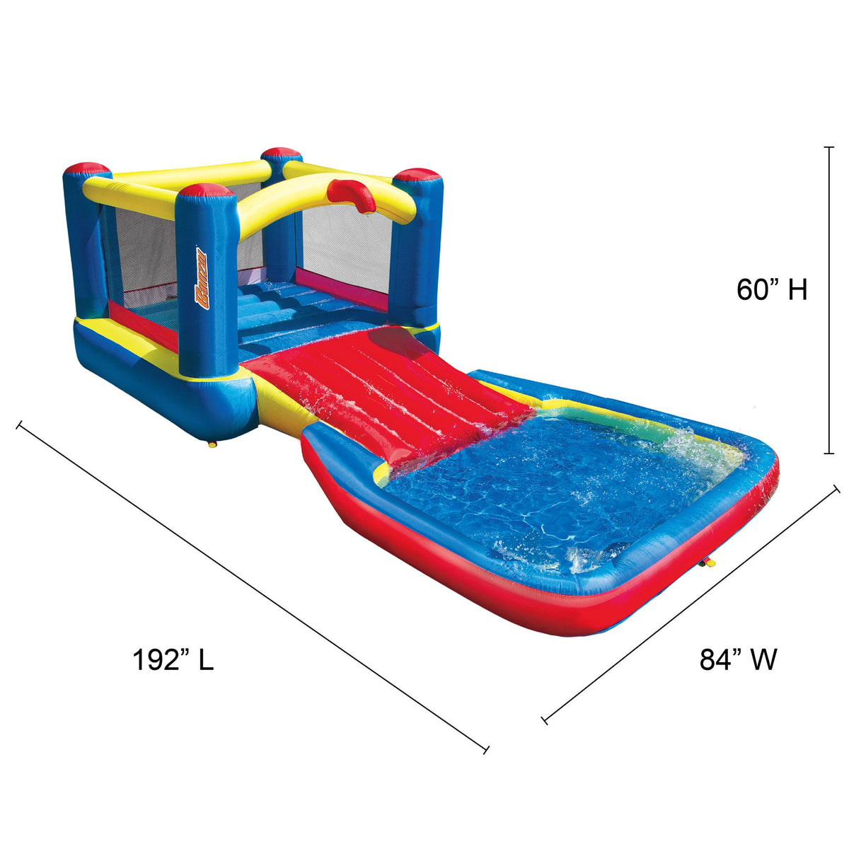 Banzai 35533 Bounce N Splash Water Park Aquatic Activity Play Center with Slide, Grounding Stakes, Pump Included, and Portable