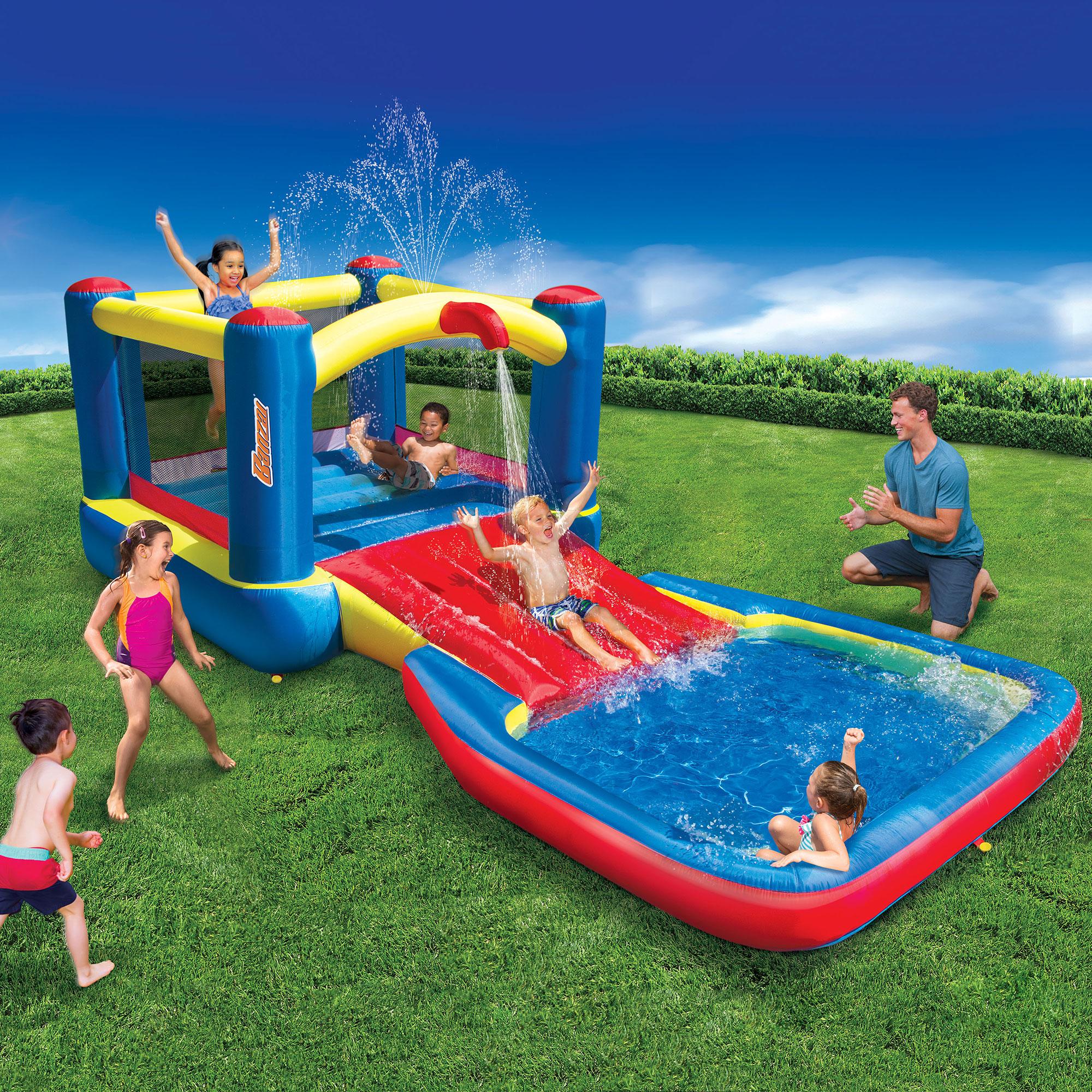 Banzai 35533 Bounce N Splash Water Park Aquatic Activity Play Center with Slide, Grounding Stakes, Pump Included, and Portable