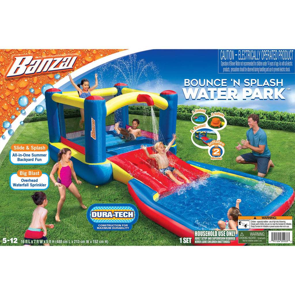 Banzai 35533 Bounce N Splash Water Park Aquatic Activity Play Center with Slide, Grounding Stakes, Pump Included, and Portable