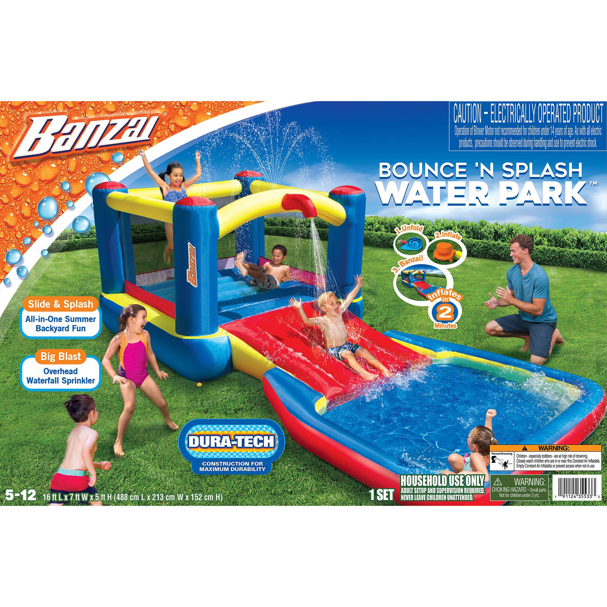 Banzai 35533 Bounce N Splash Water Park Aquatic Activity Play Center with Slide, Grounding Stakes, Pump Included, and Portable