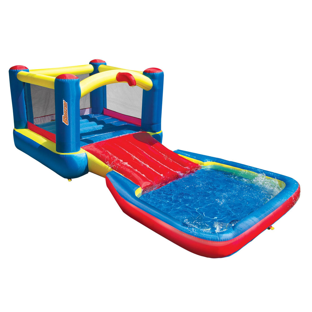 Banzai 35533 Bounce N Splash Water Park Aquatic Activity Play Center with Slide, Grounding Stakes, Pump Included, and Portable