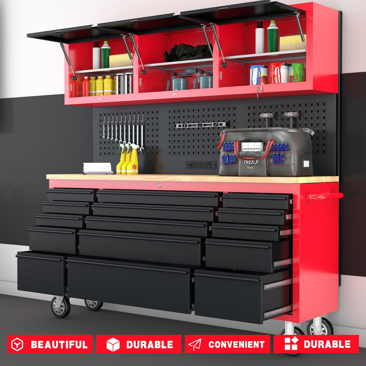 72" Rolling Tool Chest with 15 Drawers - Heavy Duty GaraWorkbench with Power Strip & Pegboard - 18" Deep 1.2" Thick Solid Top, Lockable Tool StoraCabinet for Professional Mechanic