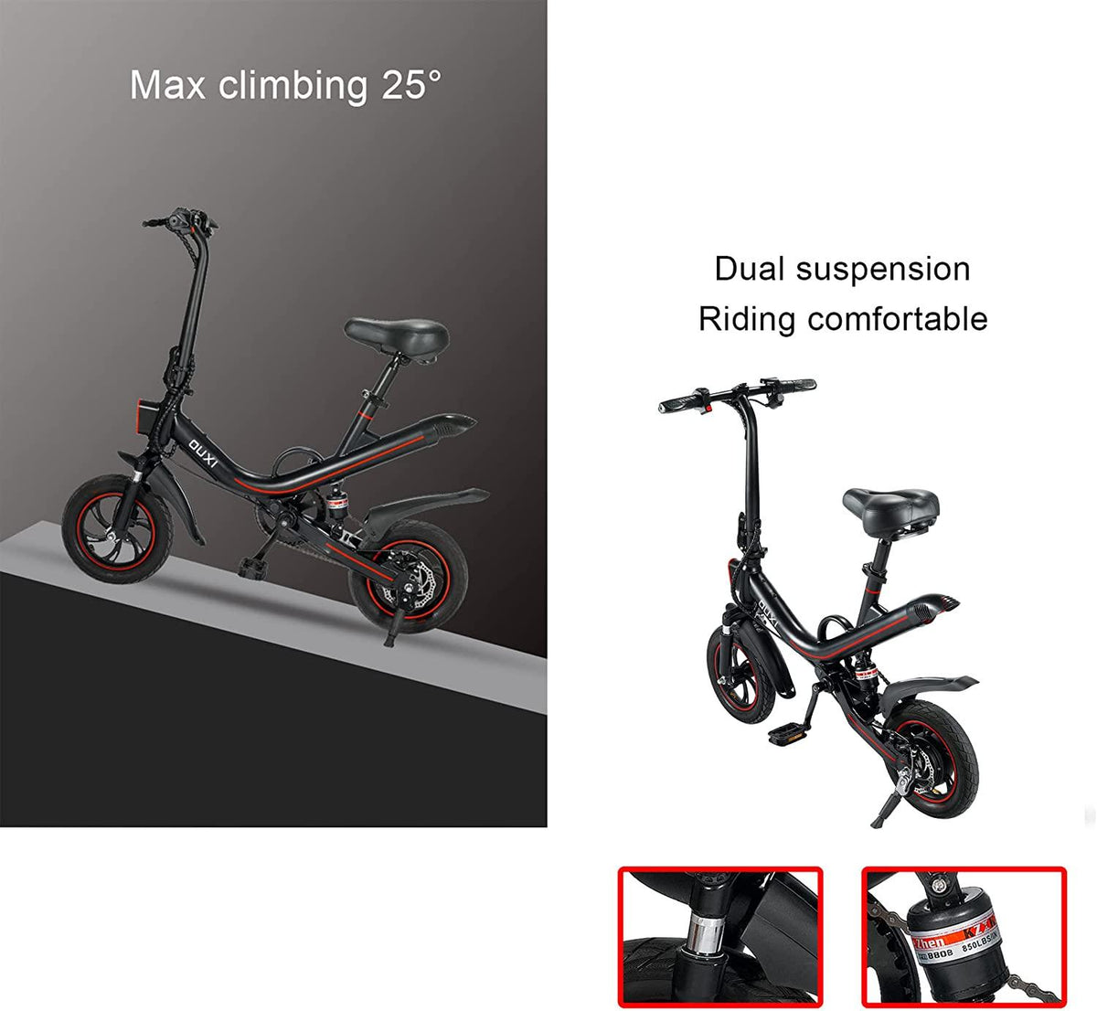 OUXI Electric Bike for Adults Teens, Electric Bike 350W 12 Inch Fold Bicycle 36V 7.8Ah Lithium-Ion Battery, Black