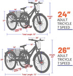Barbella Adult Mountain Bike, 7 Speed Three Wheel Bike Mountain Tricycle Cruiser Trike, 24/26/27.5 Inch Adults Trikes with Shopping Basket, Exercise Men's Women's Tricycles