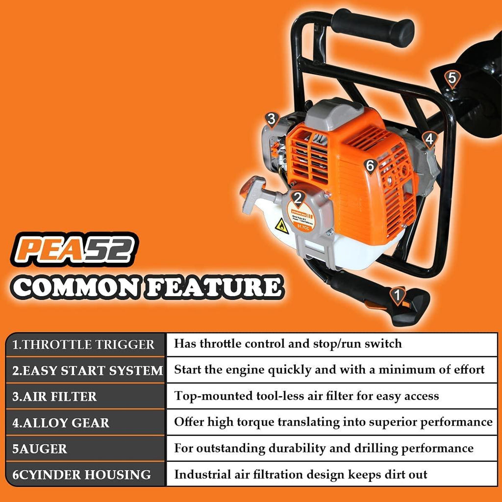 pproyama 54cc dig performance gas powered earth auger post hole digger 5-year warranty gear box three drill 4"6"8"+extension12"20" with epa tech powerful environmental