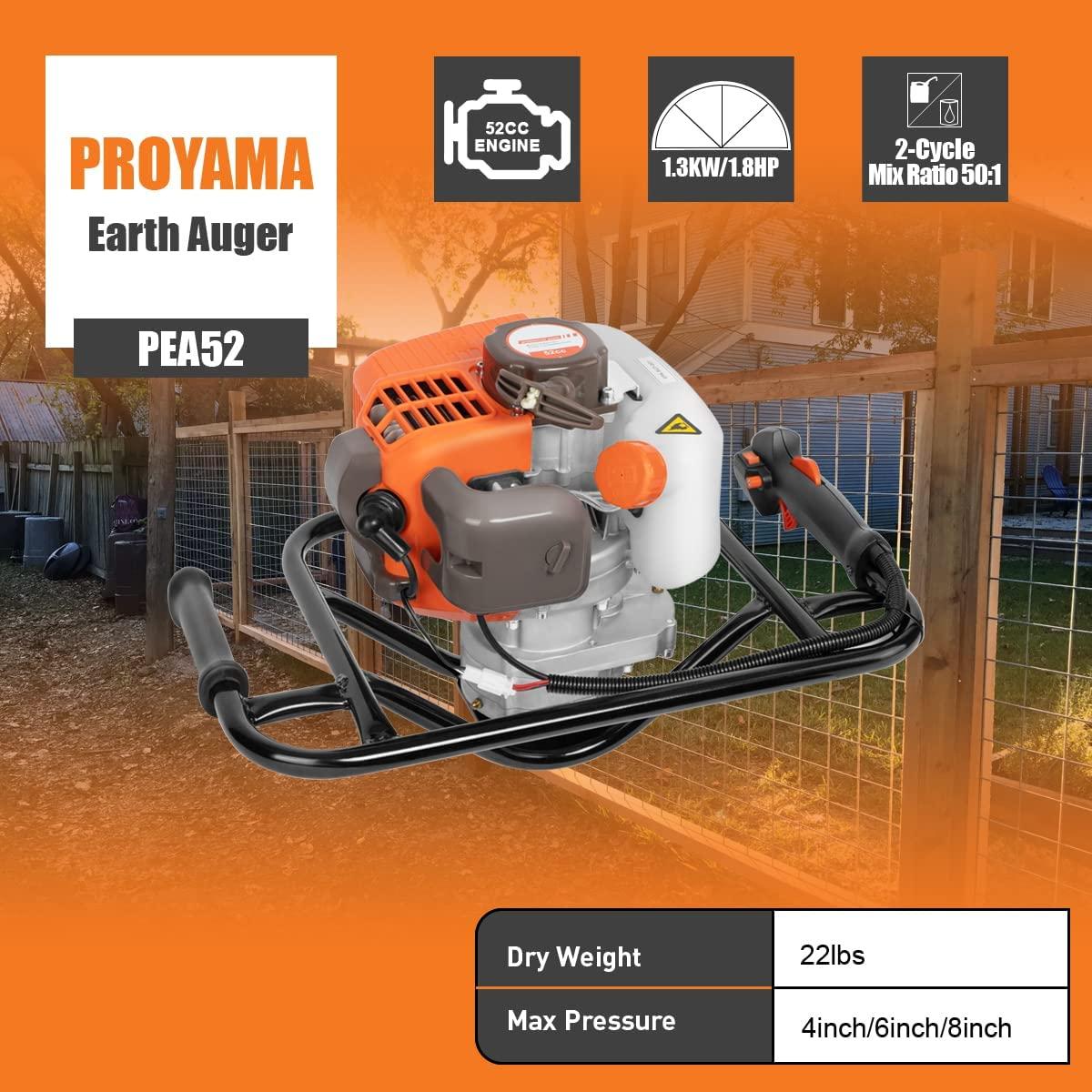 pproyama 54cc dig performance gas powered earth auger post hole digger 5-year warranty gear box three drill 4"6"8"+extension12"20" with epa tech powerful environmental