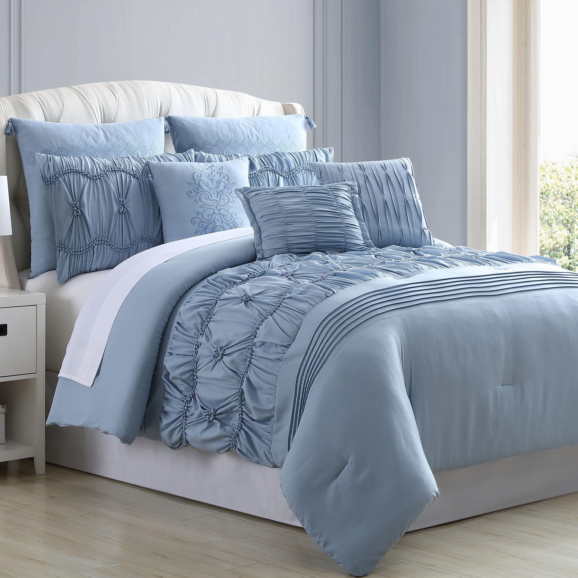 Pacific Coast Textiles Blue Embroidery Microfiber Comforters, Queen, Embroidered Textured 8 Count