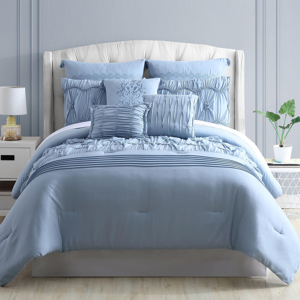 Pacific Coast Textiles Blue Embroidery Microfiber Comforters, Queen, Embroidered Textured 8 Count