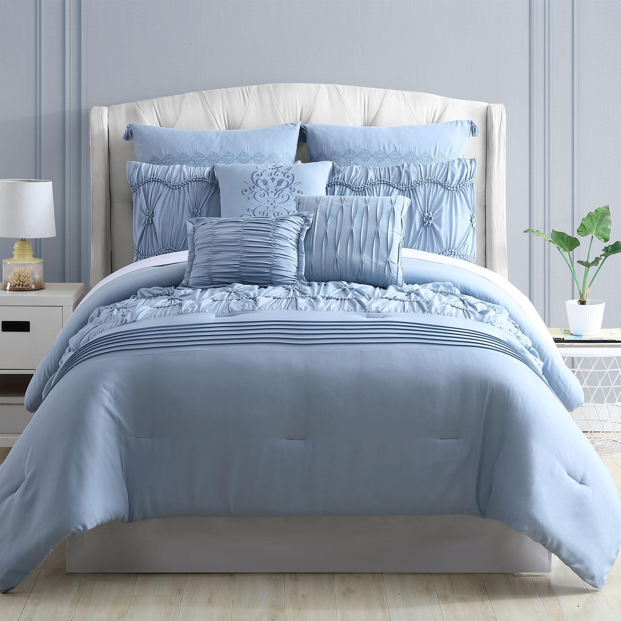Pacific Coast Textiles Blue Embroidery Microfiber Comforters, Queen, Embroidered Textured 8 Count