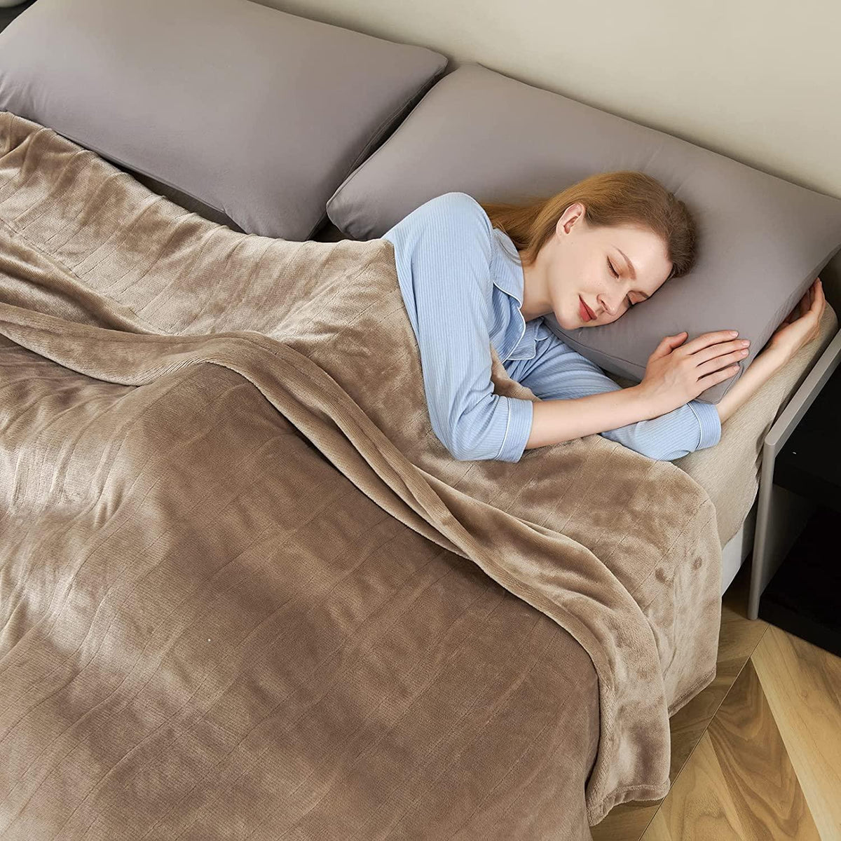 Electric Heated Blanket Size 100" x 90", Fast Heating Blanket Polyester Soft Flannel, 4 Heating Levels 10 Hours Auto-Off, ETL Certified Dual Controllers, Machine Washable (Taupe)