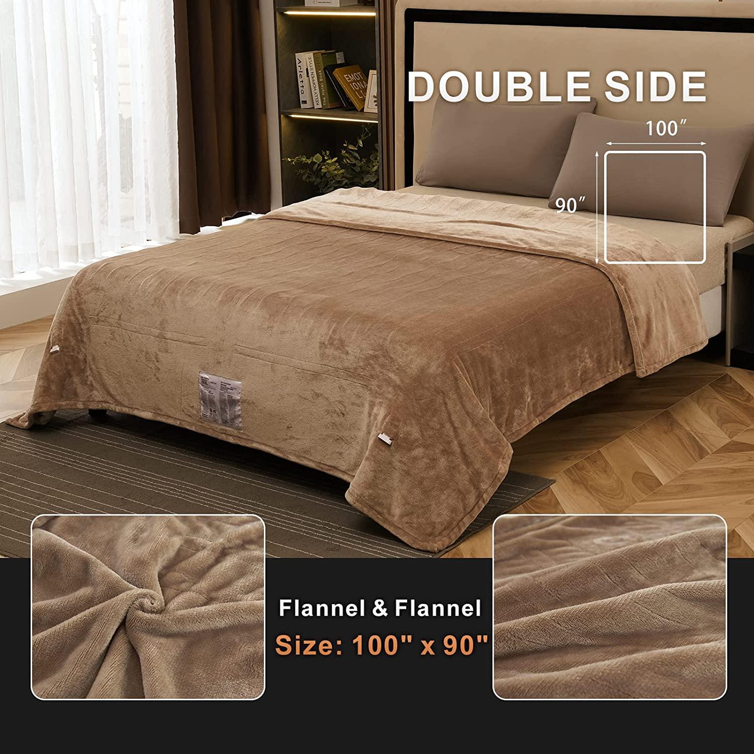 Electric Heated Blanket Size 100" x 90", Fast Heating Blanket Polyester Soft Flannel, 4 Heating Levels 10 Hours Auto-Off, ETL Certified Dual Controllers, Machine Washable (Taupe)