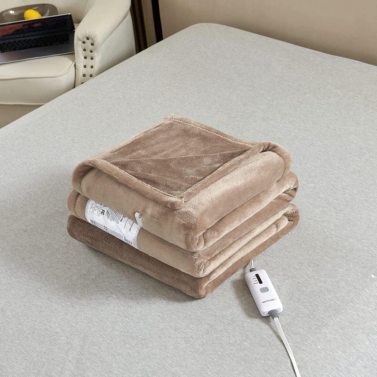 Electric Heated Blanket Size 100" x 90", Fast Heating Blanket Polyester Soft Flannel, 4 Heating Levels 10 Hours Auto-Off, ETL Certified Dual Controllers, Machine Washable (Taupe)