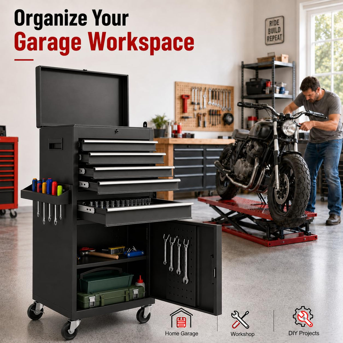 2-in-1 Rolling Tool Chest with 5 Drawers, Heavy-Duty Metal Tool Box with Wheels, Detachable Top Tool Box & Rolling Tool Cabinet for Garage, DIY (5-Drawers, Black)
