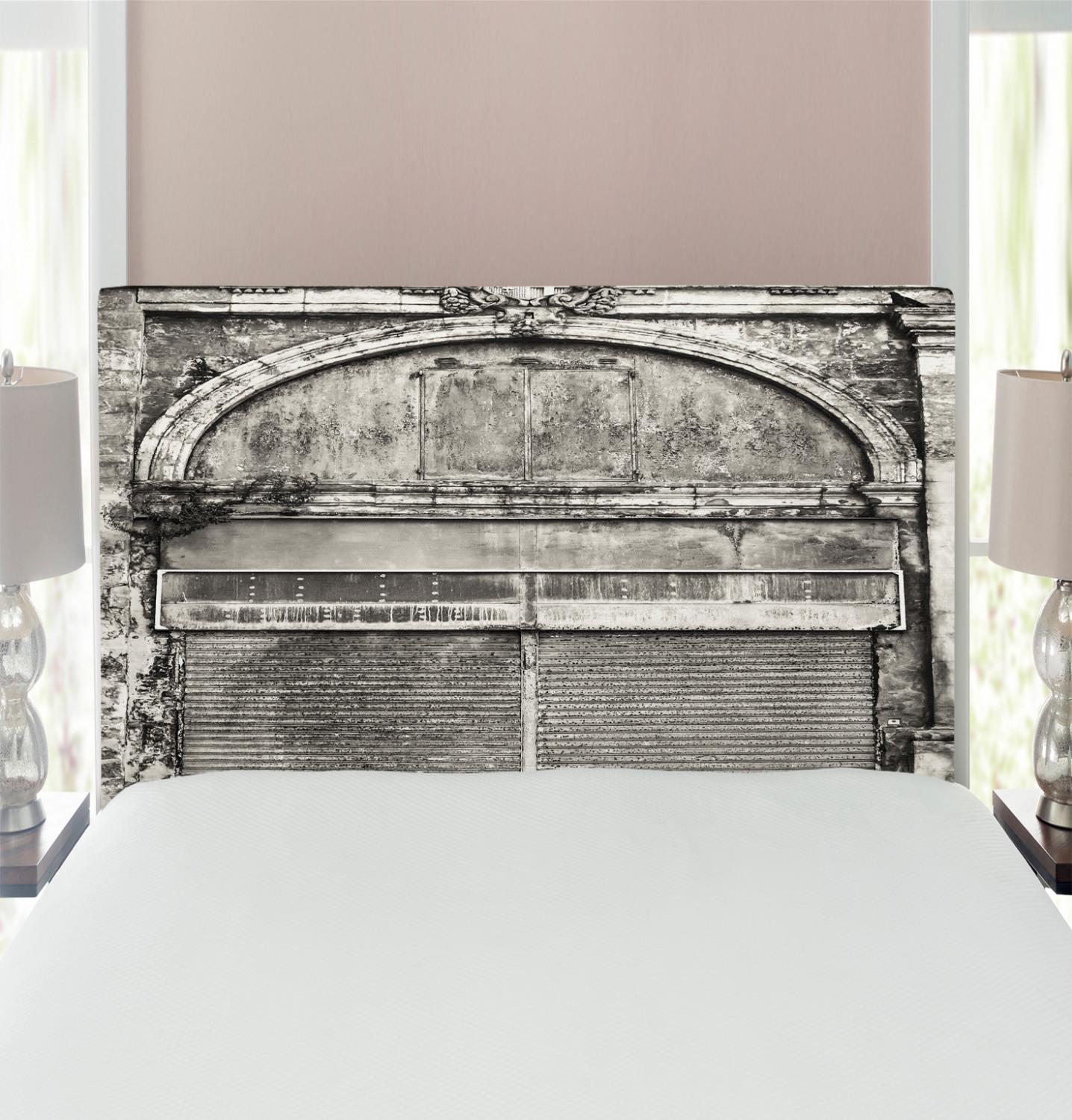 Rustic Headboard, Monochrome Old Closed Store Front with Jalousie and Classic Medieval Touch Historic Photo, Upholstered Decorative Metal Bed Headboard with Memory Foam, Twin Size, Grey, by Ambesonne