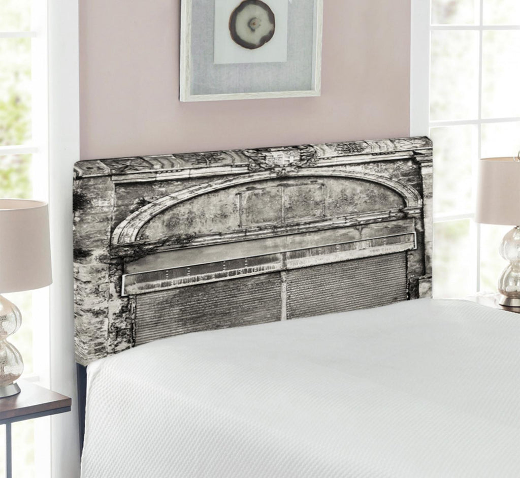 Rustic Headboard, Monochrome Old Closed Store Front with Jalousie and Classic Medieval Touch Historic Photo, Upholstered Decorative Metal Bed Headboard with Memory Foam, Twin Size, Grey, by Ambesonne