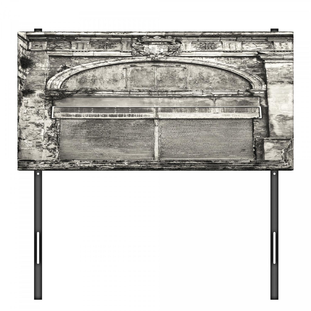 Rustic Headboard, Monochrome Old Closed Store Front with Jalousie and Classic Medieval Touch Historic Photo, Upholstered Decorative Metal Bed Headboard with Memory Foam, Twin Size, Grey, by Ambesonne