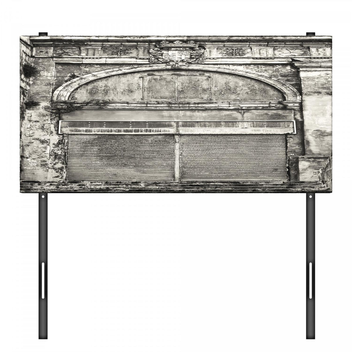 Rustic Headboard, Monochrome Old Closed Store Front with Jalousie and Classic Medieval Touch Historic Photo, Upholstered Decorative Metal Bed Headboard with Memory Foam, Twin Size, Grey, by Ambesonne