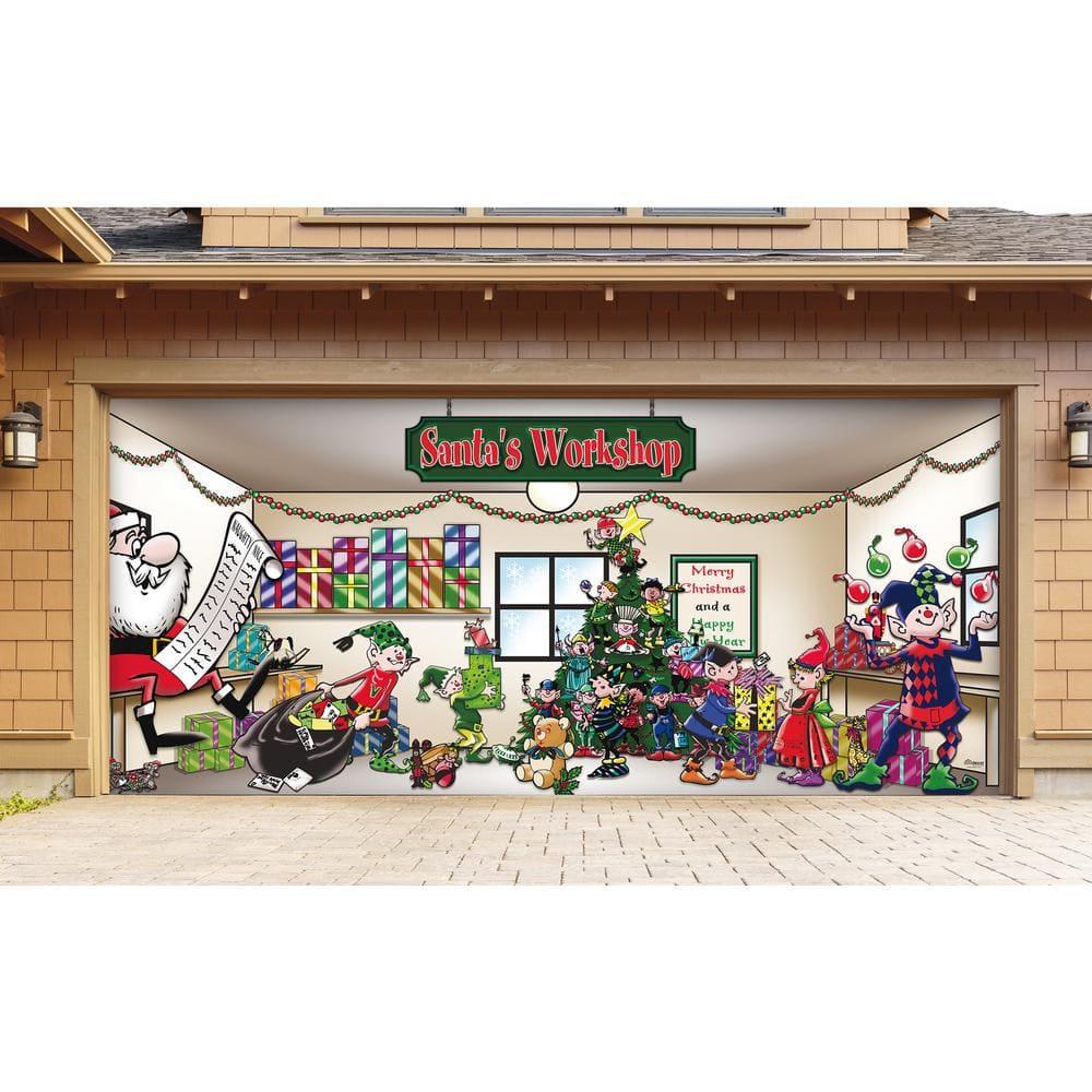 7 ft. x 16 ft. Santa's Workshop Christmas Garage Door Decor Mural for Double Car Garage