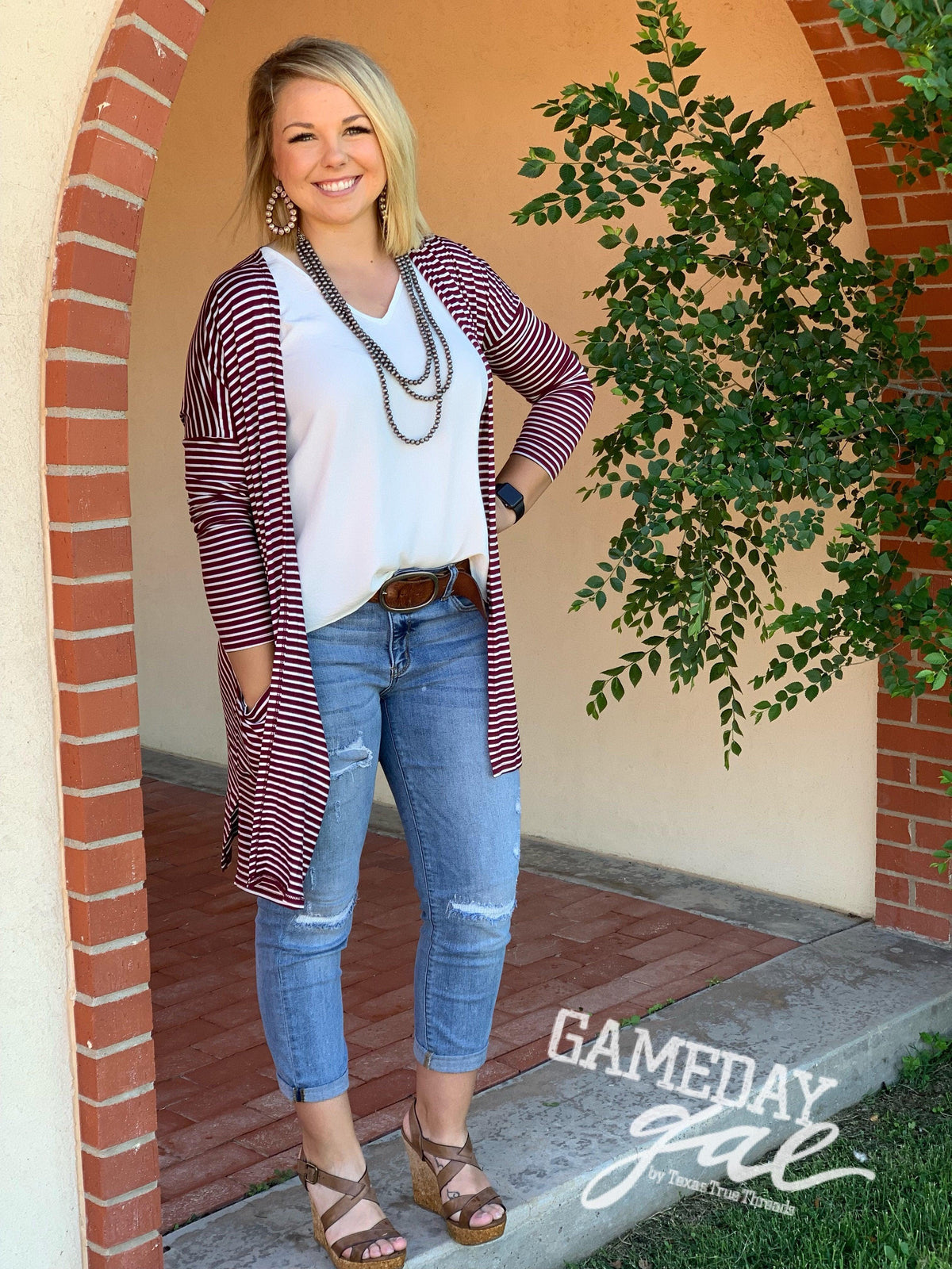 white striped long pocket cardigan