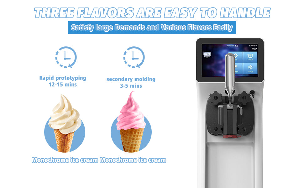 Commercial Ice Cream Maker Machine 1000W 2.7 to 4 Gal/H Single Flavor Soft Serve Ice Cream Machine Pre-cooling Auto Clean LCD Touch Screen Soft Serve Maker for Snack Bar Restaurants