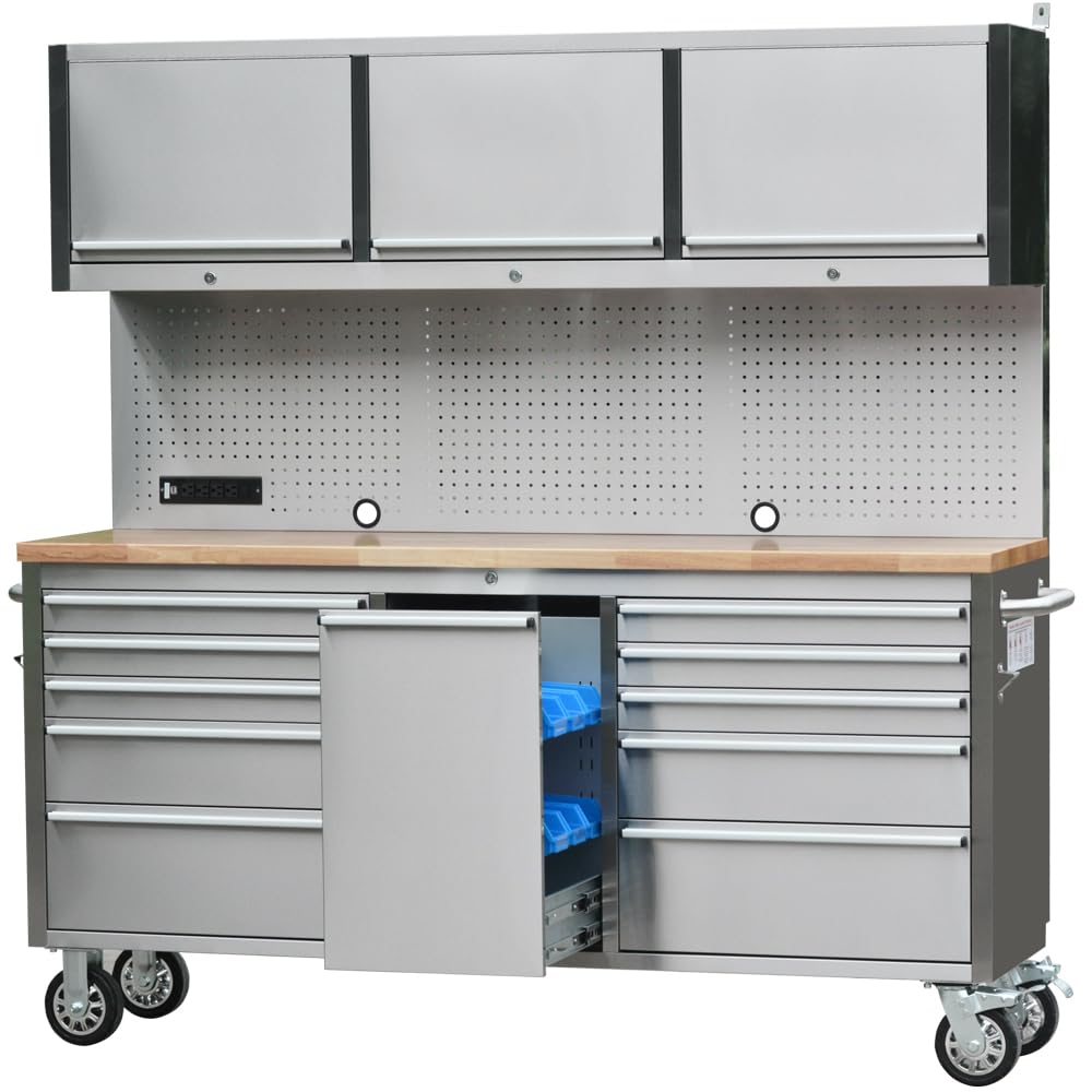 72 inch Rolling Tool Chest with 11 Drawers + 3 Upper Cabinets,  Steel Lockable Tool Cabinet with 6 Blue StoraBins & Power Strip, Assembled Tool Box for Gara(1 × HTC7214W1)