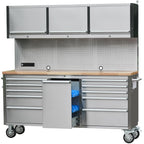 72 inch Rolling Tool Chest with 11 Drawers + 3 Upper Cabinets,  Steel Lockable Tool Cabinet with 6 Blue StoraBins & Power Strip, Assembled Tool Box for Gara(1 × HTC7214W1)