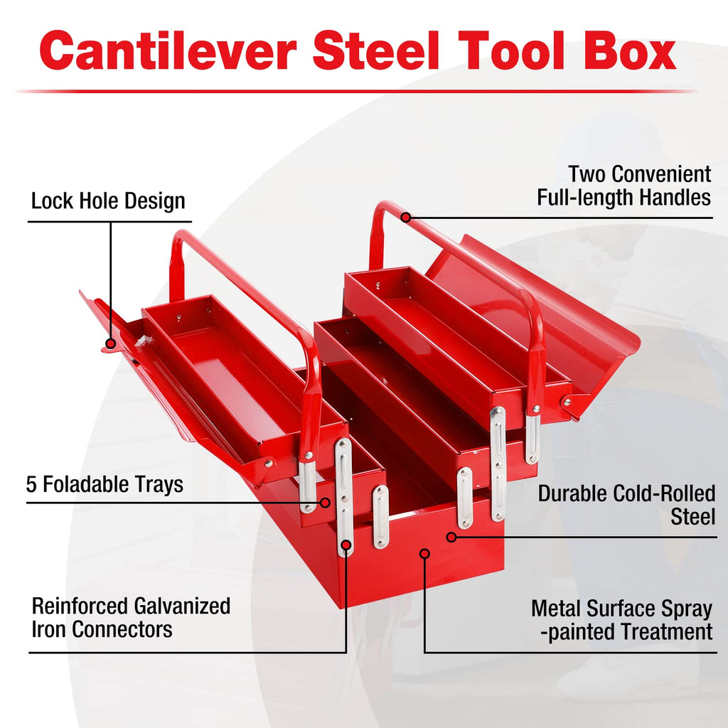 Metal Tool Box, 18-inch Cantilever Folding Red StoraBox, 3-Layer 5-Tray Multi-Function Tool Organizer, Red